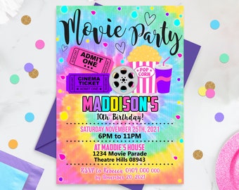 MOVIE INVITATION GIRL Cinema Invitation Birthday Editable Movie Party Birthday Invitation Backyard Movie Party Invitation Tie Dye Corjl