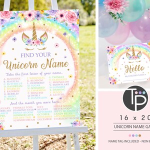 UNICORN NAME GAME Instant Download Unicorn Game Rainbow Unicorn Party Unicorn Party Game Whats your Unicorn Name Game Unicorn Sign 0210