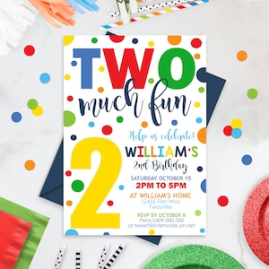 TWO MUCH FUN Birthday Invitation Editable Confetti 2nd Birthday Invitation Instant Download Boy 2nd Birthday Invitation primary colors 0224