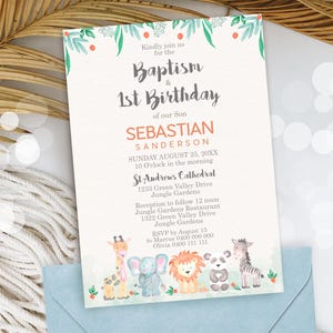 JUNGLE BAPTISM and FIRST Birthday Invitation Instant Download Boy Baptism 1st Birthday Invitation Boy Baptism 1st Birthday Invitation Corjl