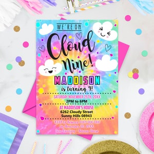 RAINBOW CLOUD 9 INVITATION Editable Rainbow Clouds 9th Birthday Invitation Corjl We're on Cloud 9 Invitation Cloud Nine Party Invitation