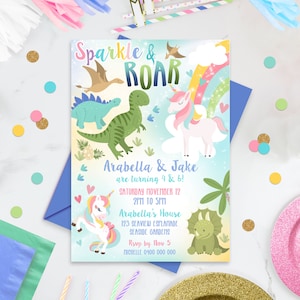 UNICORN and DINOSAUR Birthday Invitation Editable Unicorn Dinosaur Party Invitation Digital Dinosaur Unicorn Invitation Instant Download