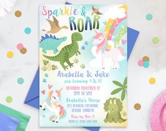 UNICORN and DINOSAUR Birthday Invitation Editable Unicorn Dinosaur Party Invitation Digital Dinosaur Unicorn Invitation Instant Download