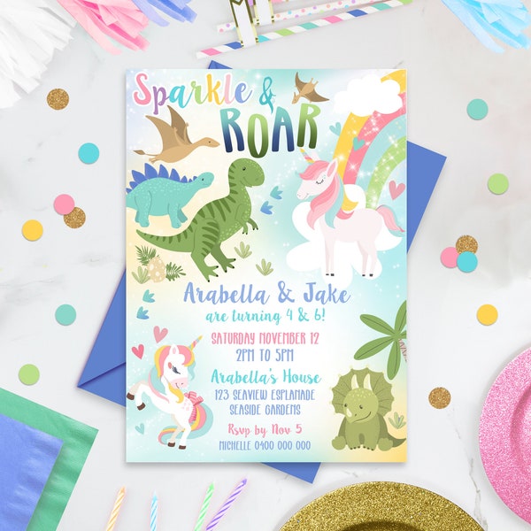 UNICORN and DINOSAUR Birthday Invitation Editable Unicorn Dinosaur Party Invitation Digital Dinosaur Unicorn Invitation Instant Download