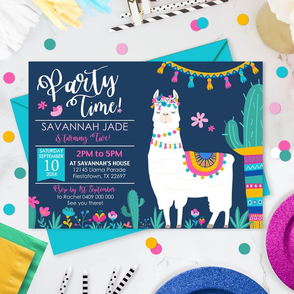 LLAMA BIRTHDAY INVITATION Llama Party Invitation Fiesta Llama Invitation Llama Party Time invitation Editable Llama Party decorations 0267