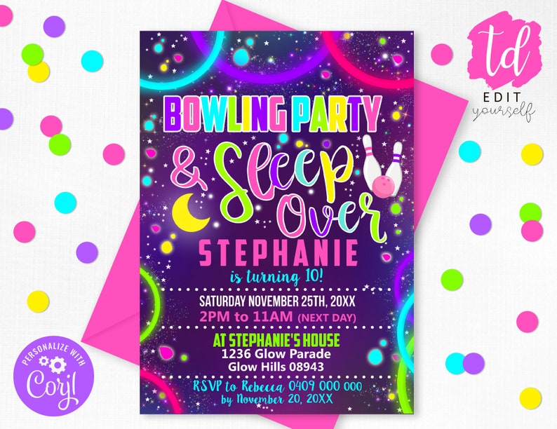 BOWLING SLEEP OVER Birthday Invitation Bowling Party and Sleep Over Invitation Glow Bowling Invitation Corjl Invitation