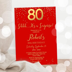 RED ADULT Birthday Invitation Instant Download 80 Birthday Invitations Surprise Birthday Invitation Red Gold 80th Birthday Invitation Corjl