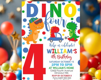 Dino Four Birthday Invitation: Dinosaur T-Rex Boy Party Evite (Instant Download)