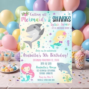 MERMAID SHARK INVITATION Instant download Mermaid and Shark Party Invitation Editable Summer Birthday Invites Shark and Mermaid Invitation