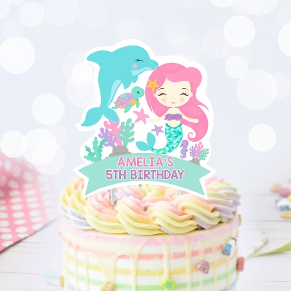 MERMAID DOLPHIN PARTY Cake Topper Instant download Mermaid Party Cake Toppers Editable Under the Sea Cake Topper Printable Centerpiece Pool