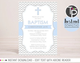 BOY BAPTISM Invitation, Instant Download, Boy Christening Invitation, Chevron Baptism invitation, Edit yourself with Adobe Reader