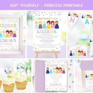 PRINCESS Party Package Printable Princess Decorations Editable Princess Party Printable Princess Party Invitation Rapunzel Party Decor Corjl