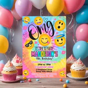 Emoji Birthday Invitation: Tie Dye Party, Editable Template (Digital Download) image 1