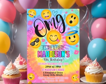 Invitación de cumpleaños con emojis: Fiesta tie-dye, plantilla editable (descarga digital)