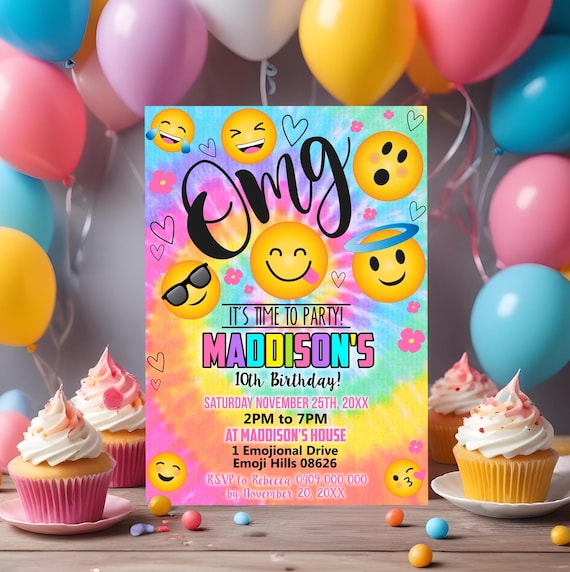 Emoji Birthday Invitation: Tie Dye Party, Editable Template (Digital Download)