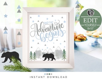 BEAR ADVENTURE PRINT, Instant Download, Adventure Printable, Black Bear Baby Shower, Adventure Baby Shower Decoration, Mountains Print 0265