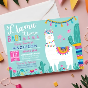 Lama Lama bébé maman Baby shower Invitation Lama Baby Shower Invitation Lama Fiesta Lama Baby Shower Invitation Lama éditable bleu sarcelle Corjl 0267