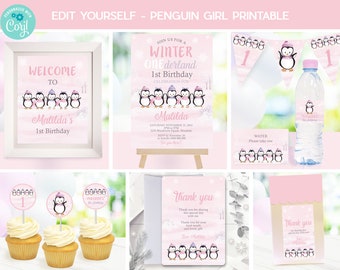 May include: Printable party decorations for a winter wonderland themed first birthday party. The decorations feature a penguin girl design with pink and white colors. The set includes a welcome sign, invitation, cupcake toppers, water bottle labels, thank you tags, and a favor bag.