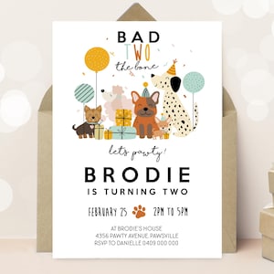 Hund 2.Geburtstags-Einladung: Bad Two the Bone Welpe Pawty Invite (Digitaler Download)