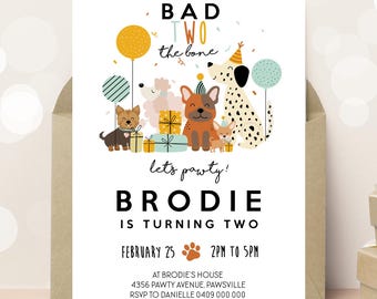 Dog 2nd Birthday Invitation: Bad Two the Bone Puppy Pawty Invite (Digital Download)