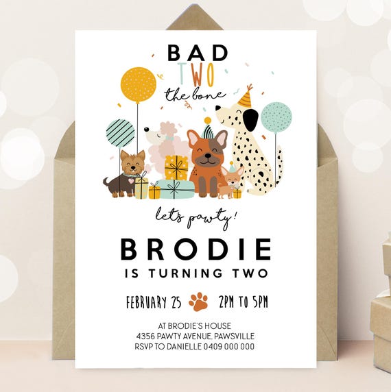 Dog 2nd Birthday Invitation: Bad Two the Bone Puppy Pawty Invite (Digital Download)
