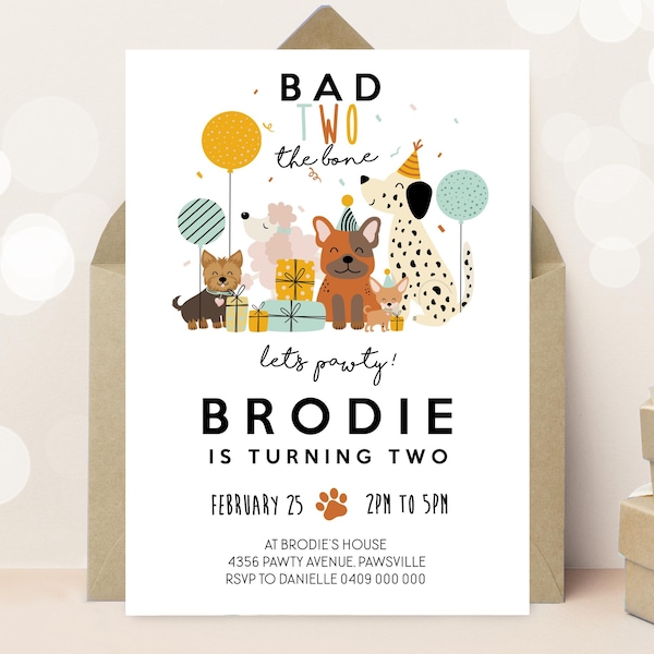 Hund 2.Geburtstags-Einladung: Bad Two the Bone Welpe Pawty Invite (Digitaler Download)