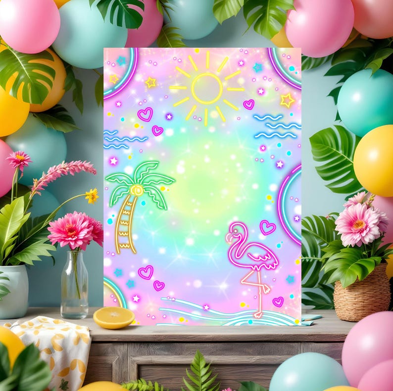 May include: A colorful digital backdrop with a rainbow gradient, neon palm tree, sun, and flamingo. The background is decorated with stars, hearts, and waves.