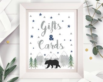 Bear GIFTS and CARDS Sign Navy Mountains Table Sign Black Bear Baby Shower Gift and Card Adventure Baby Shower Sign Hiking Baby Shower 0265