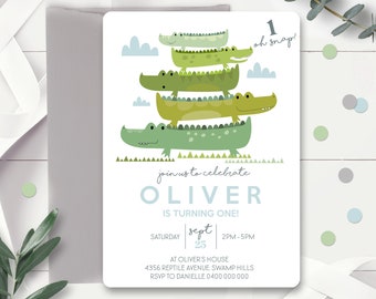 INVITATION CROCODILE REPTILE Invitation sauvage un garçon premier anniversaire Invitation Crocodile anniversaire Reptile Invitation de fête Corjl Croc Party