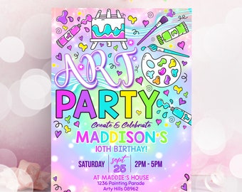 May include: A colorful invitation for an art party celebrating a 10th birthday. The invitation features a rainbow background with paintbrushes, paint tubes, and a paint palette. The text reads "Art Party Create & Celebrate Maddison's 10th Birthday! Saturday Sept 25 2PM-5PM At Maddie's House 1236 Painting Parade Arty Hills 08962 Rsvp by September 18 Rebecca 0400 000 000"