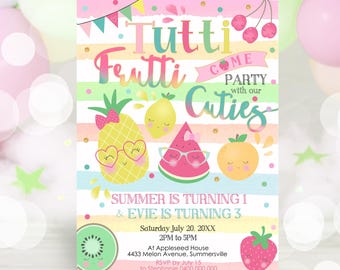 Tutti Frutti Birthday Invitation: Sibling Party, Summer Twins Invite (Digital Download)