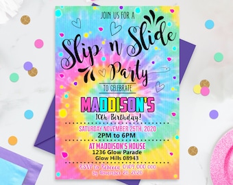 SLIP AND SLIDE Invitation Boy Tie Dye Slip n Slide Party Invitation Editable Waterslide Party Invitation Instant Download Invitation Corjl