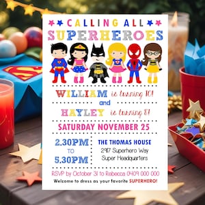 SUPERHERO JOINT BIRTHDAY Invitation Girl Boy Superhero Invitation Superhero Joint Birthday Invitation Two Names Sibling Superhero Party