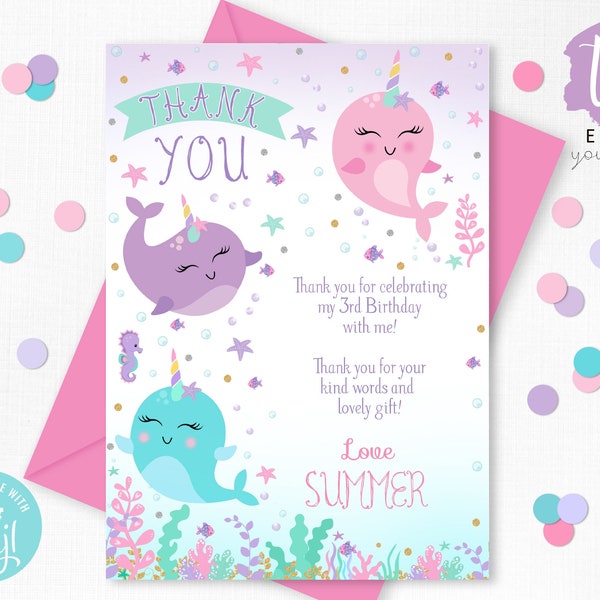 NARWHAL THANK YOU Card Instant download Thank you Card Narwhal Thank you Card Girl Narwhal Thank you Card Instant Download Thank you 1E