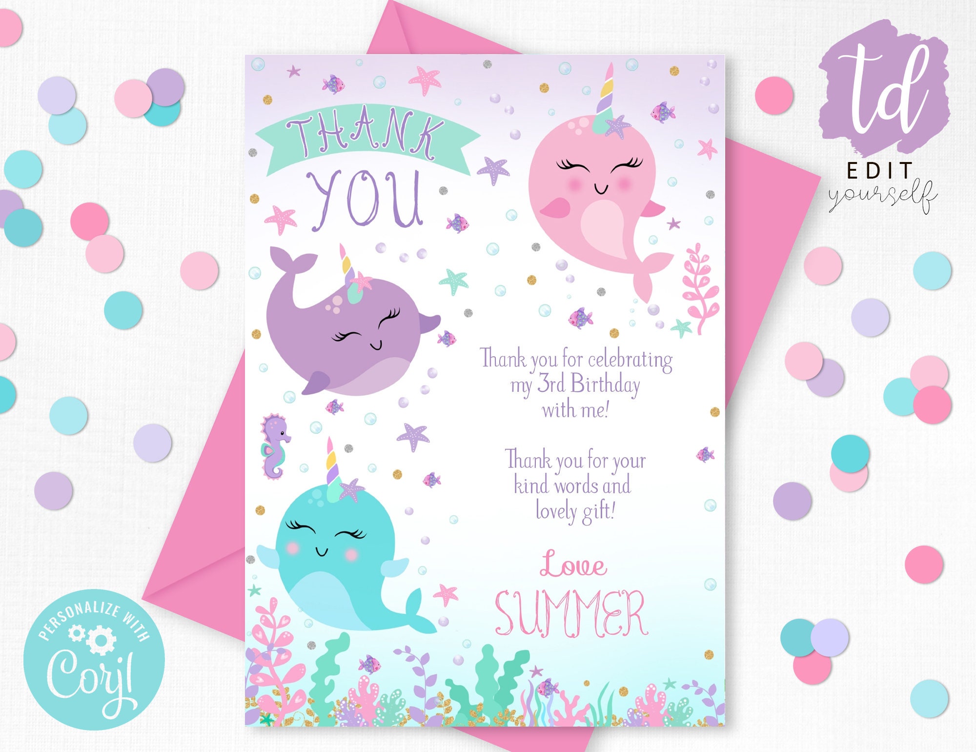 NARWHAL THANK YOU Card Instant Download Thank You Card Narwhal - Etsy