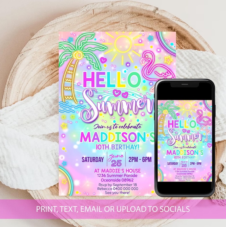 May include: A colorful digital invitation for a 10th birthday party with a neon Hello Summer theme. The invitation features a pink flamingo, palm trees, and a sun. The text on the invitation reads "Join us to celebrate Maddison's 10th Birthday!" and includes the date, time, and location of the party.