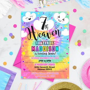 7th Heaven RAINBOW INVITATION Editable Rainbow Clouds 7th Birthday Invitation Corjl Seventh Birthday Invitations Rainbow Tie Dye  Invitation
