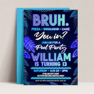 Neon Bruh Pool Party Invitation: Editable Teen Birthday (Digital Download)