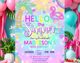 Tropical Summer Birthday Invitation: Flamingo Pool Party (DIY Digital)