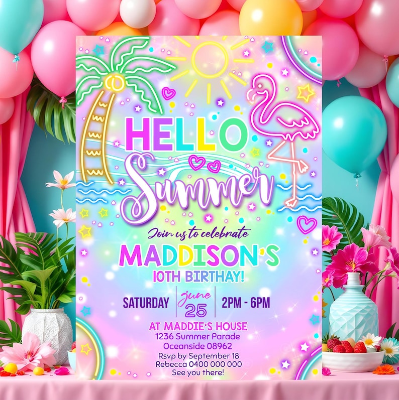 May include: A colorful invitation for a 10th birthday party with a neon summer theme. The invitation features a palm tree, a flamingo, and the text "Hello Summer" in neon colors. The party is for Maddison and will be held on June 25th from 2 PM to 6 PM at Maddie's House. The address is 1236 Summer Parade, Oceanside 08962. RSVP by September 18th to Rebecca at 0400 000 000.