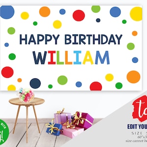 Könnte beinhalten: Ein weißes Geburtstagsbanner mit bunten Punkten und dem Text "HAPPY BIRTHDAY WILLIAM". Das Banner ist 5 Fuß mal 3 Fuß (1,5 Meter mal 0,9 Meter) groß.