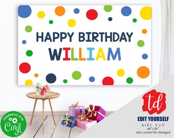 Editable Polka Dot Birthday Banner: Primary Colors (60x36) (Digital Download)