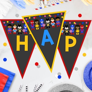 SUPERHERO Banner Bearbeitbare Superhelden Mixed Race Wimpelkette druckbare Superhelden Partydekorationen Sofortiger Download Happy Birthday Banner Boy Girl