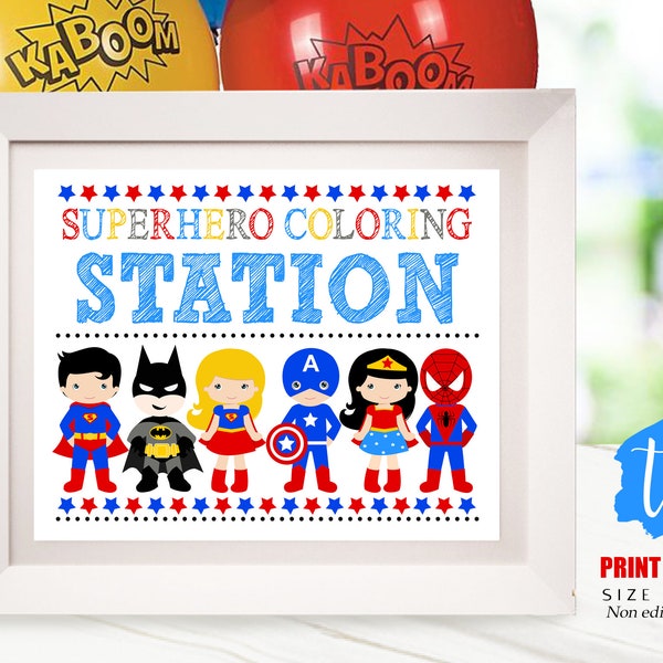 SUPERHERO Coloring Station Sign Superhero Coloring Sign Superhero Party Signs Superhero Color your own Comic Sign Instant Download 0276