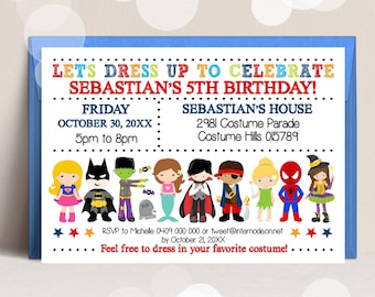 May include: A colorful invitation for a child's 5th birthday party. The invitation features a blue, red, and yellow color scheme with the text "Let's Dress Up to Celebrate Sebastian's 5th Birthday!" and a row of cartoon characters dressed in costumes. The invitation includes the date, time, and location of the party.
