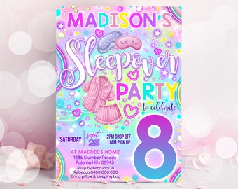 May include: A colorful invitation for a sleepover party to celebrate an 8th birthday. The invitation features a rainbow background with stars, hearts, and a unicorn. The text on the invitation reads "Madison's Sleepover Party to celebrate 8".