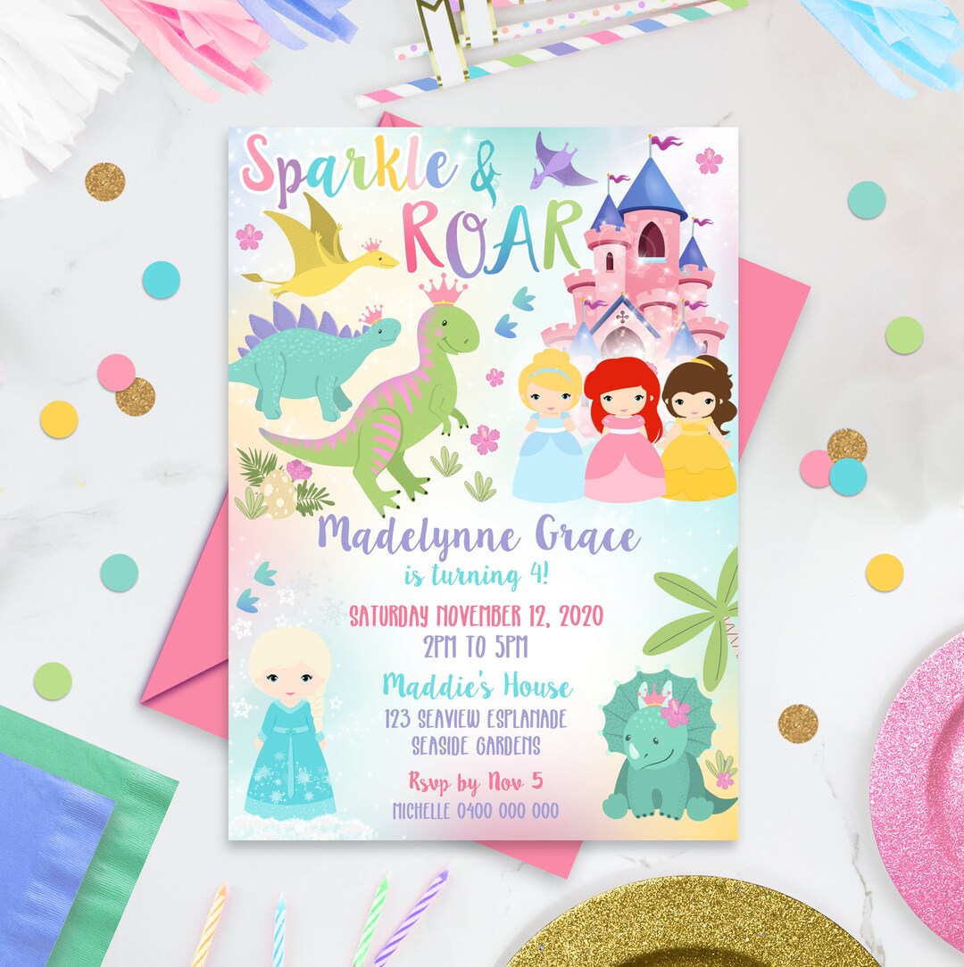 PRINCESS DINOSAUR Invitation Instant Download Princess and Dinosaur