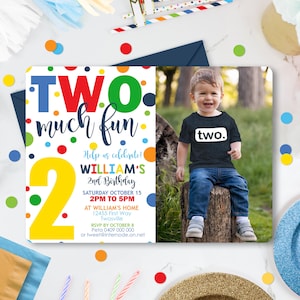 DOS MUCHAS DIVERSIONES Invitación de cumpleaños Editable Confetti Photo 2nd Birthday Invitation Instant Download Boy 2nd Birthday Invitation colores primarios