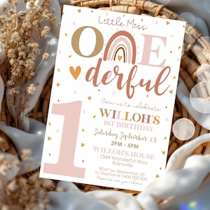 BOHO RAINBOW 1st Birthday Invitation Editable Little Miss Onederful Invitation Digital Modern Rainbow First Birthday Invitation Girl Party