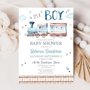 TRAIN Baby Shower Invitation Its a Boy Baby Shower Invitation Baby Shower Train Invitation Train Watercolor Baby Shower Invitation Editable